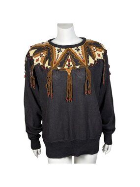 Vintage Cervelle Southwestern Sweater Womens XL Beaded Fringe Suede Accents